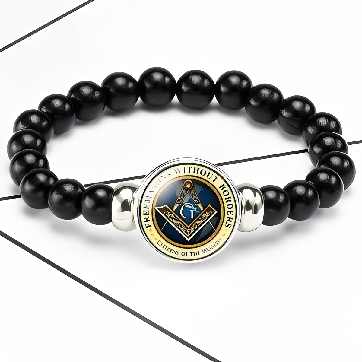 Master Mason Blue Lodge Bracelet - Compass & Square G Black Beads - Bricks Masons