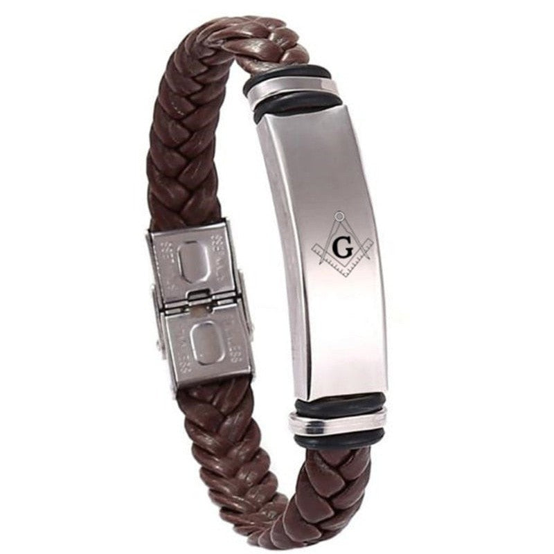 Master Mason Blue Lodge Bracelet - Square & Compass G Brown Leather Rope Weaving