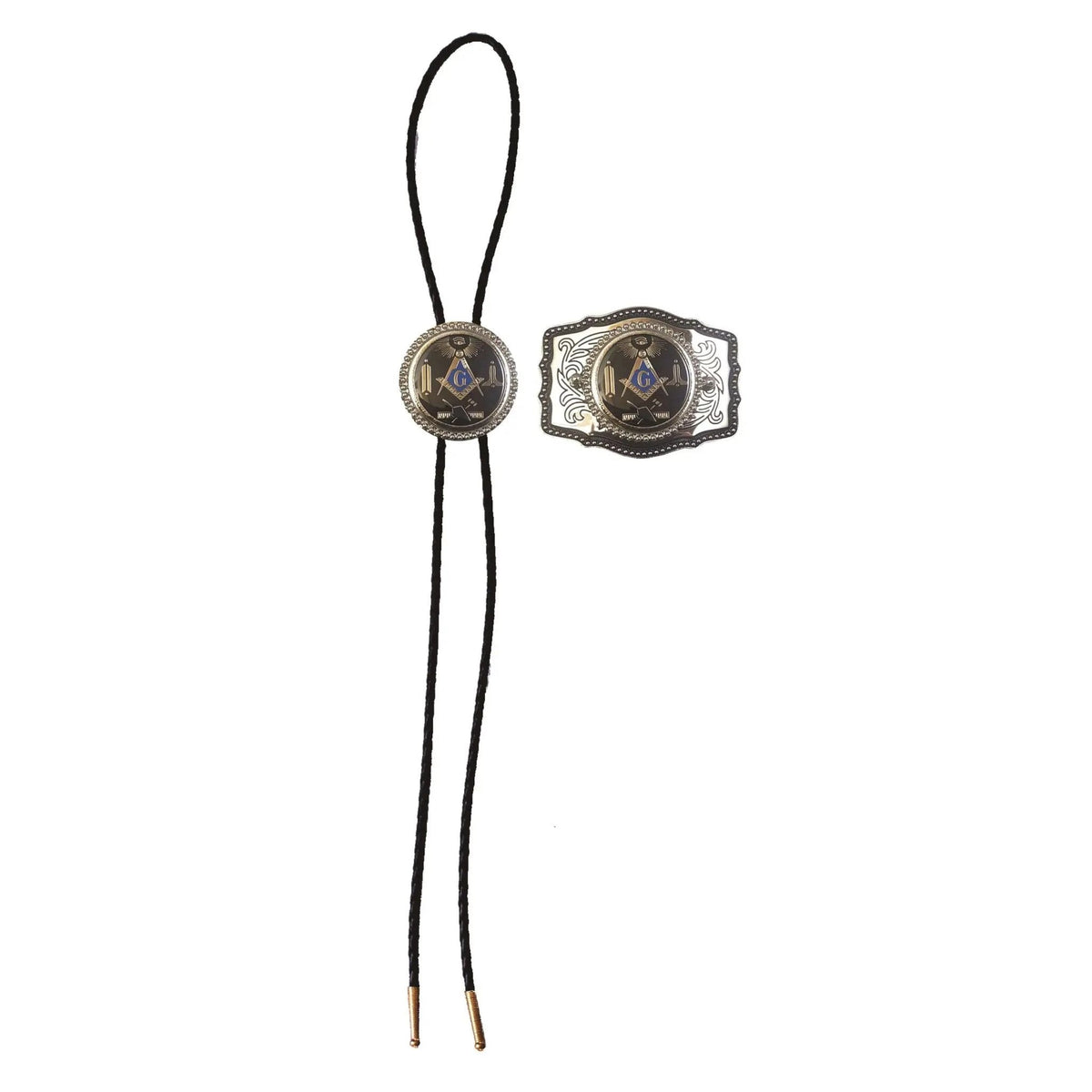 Master Mason Blue Lodge Buckle and Bolo Tie Set - Black & Silver Filigree Working Tools