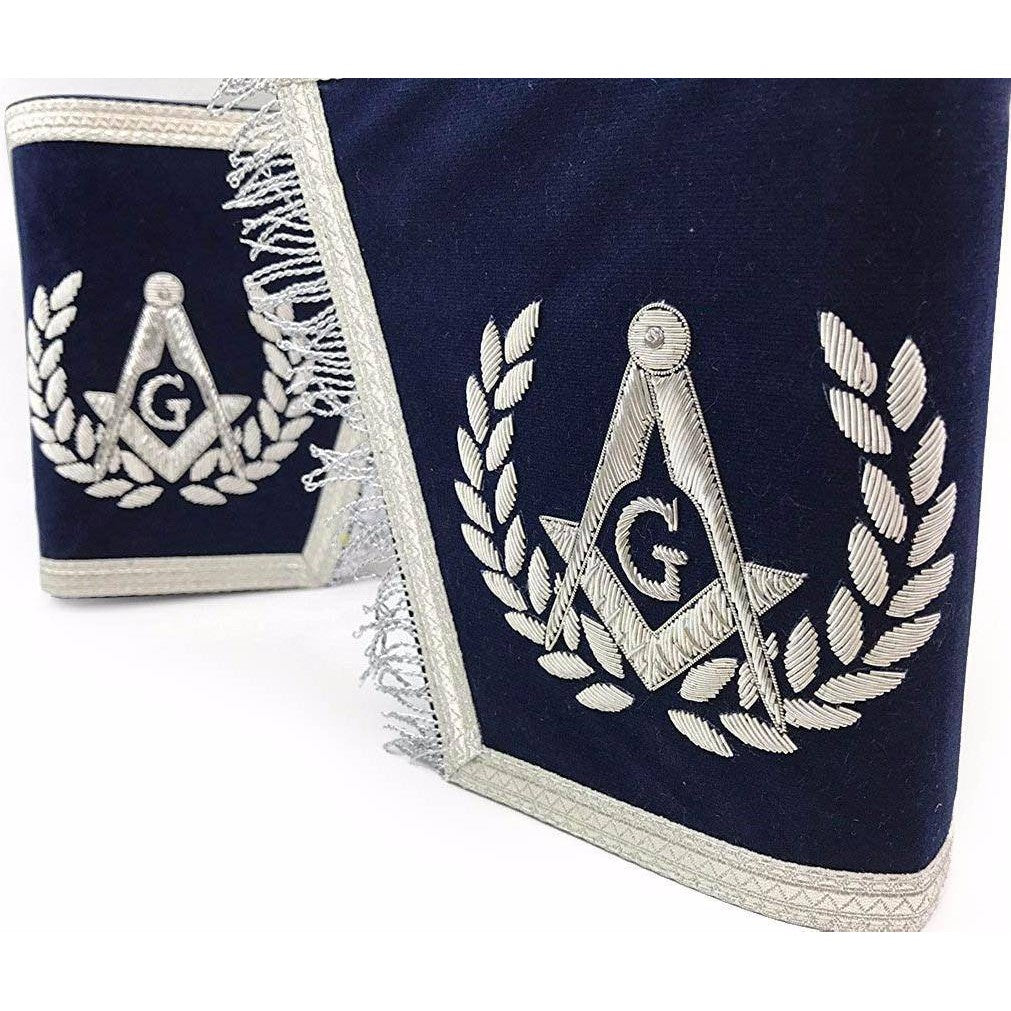 Master Mason Blue Lodge Cuff - Navy Blue & Silver Hand Embroidery with Fringe