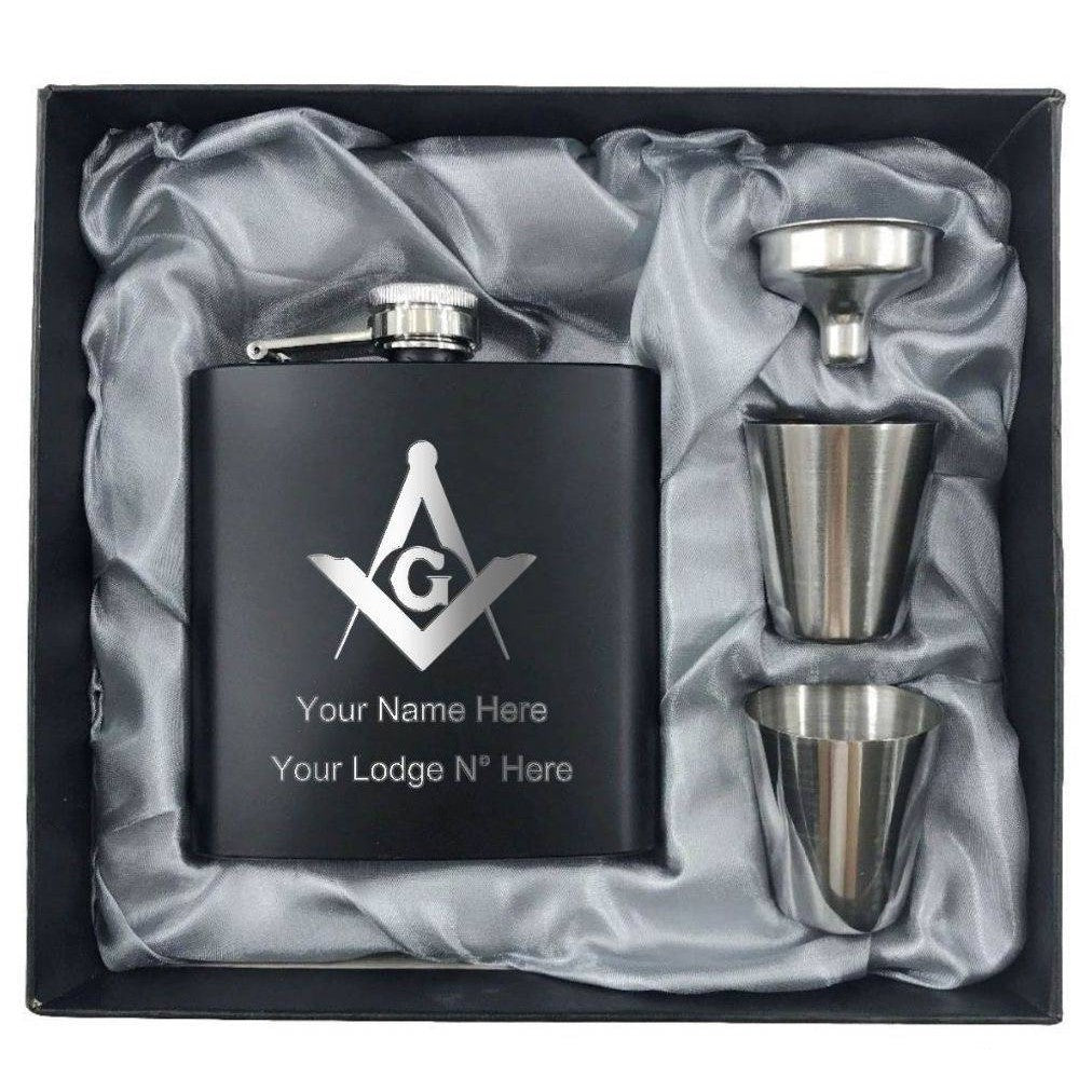 Master Mason Blue Lodge Flask - 2 Shot Glasses & Funnel