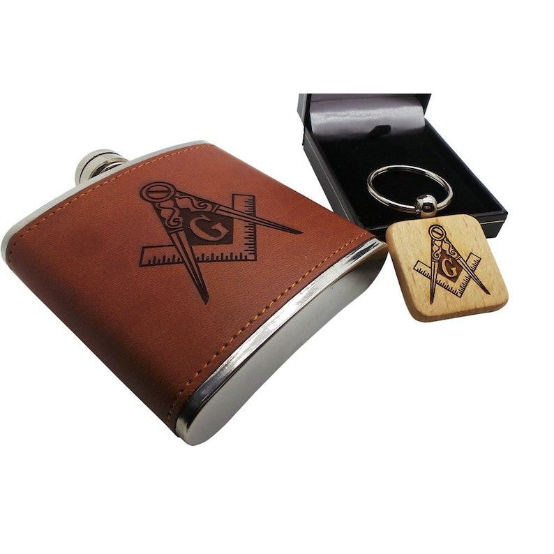 Master Mason Blue Lodge Flask- Keychain Crest Logo Wooden Metal