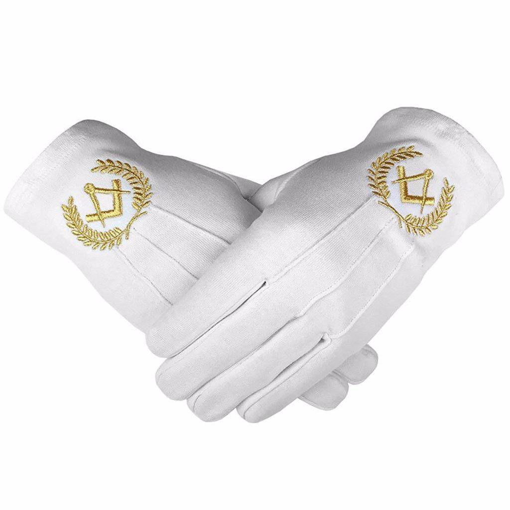 Master Mason Blue Lodge Gloves - White Cotton with Gold Square & Compass - Bricks Masons