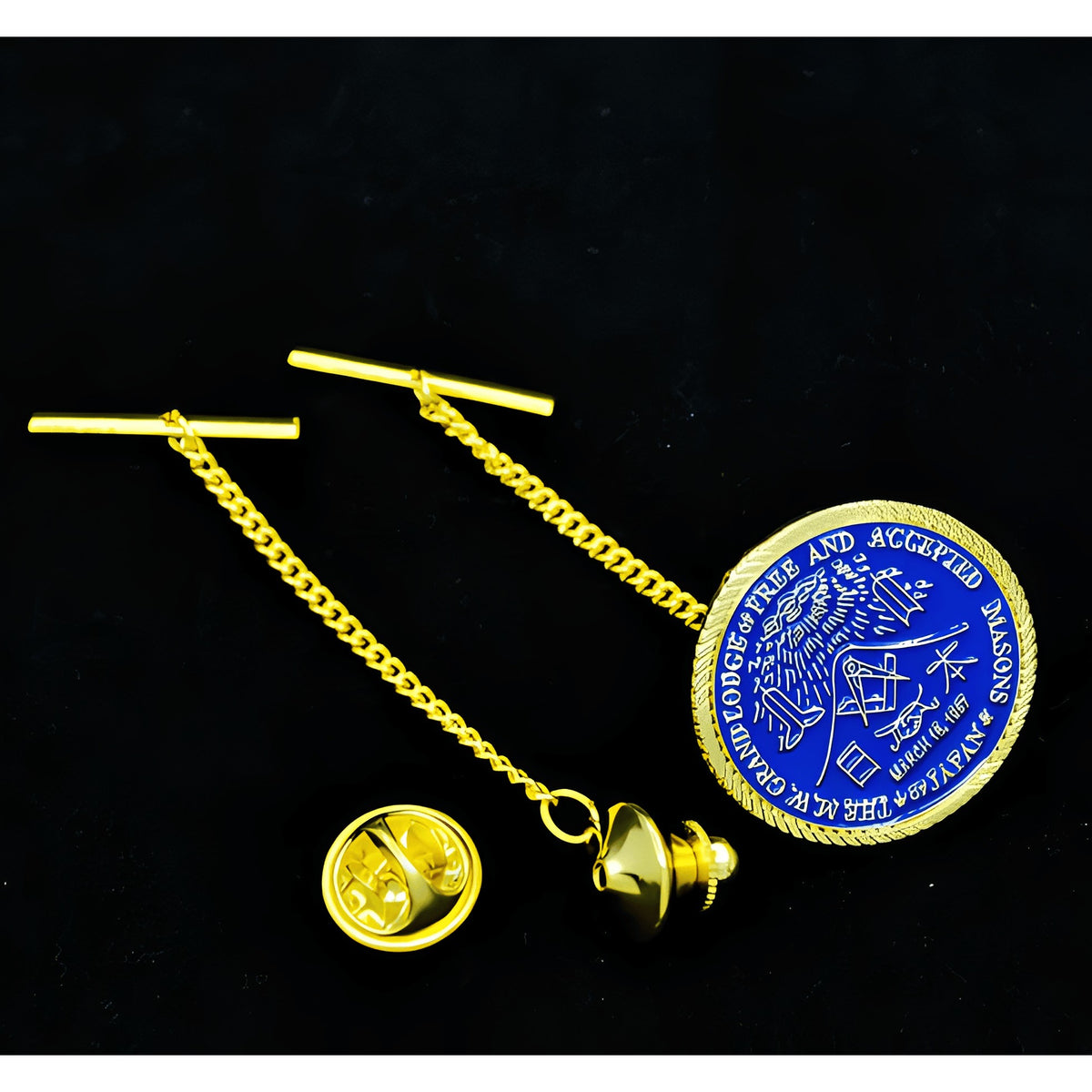 Master Mason Blue Lodge Lapel Pin - Gold & Blue Japan Shrine Torii with Tassel Butterfly Clasp