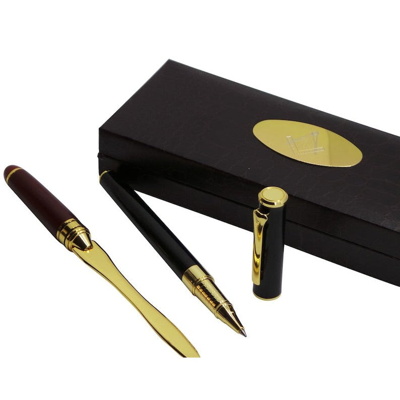 Master Mason Blue Lodge Letter Opener - 24k Gold Clad Engraved & Rollerball Pen Gift Set