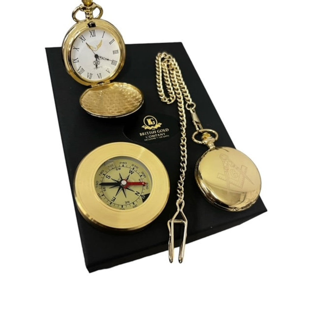 Master Mason Blue Lodge Pocket Watch - 24k Gold Clad and Compass in Luxury Gift Set