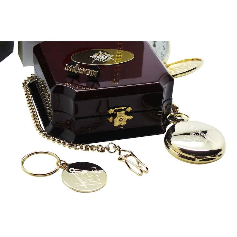 Master Mason Blue Lodge Pocket Watch - 24k Gold Keychain Full Hunter and Lapel Pin