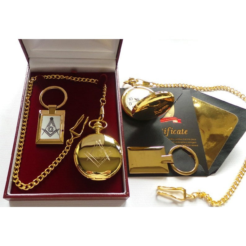 Master Mason Blue Lodge Pocket Watch - 24k Gold Plated Quality Keychain With PW Luxury Gift Case