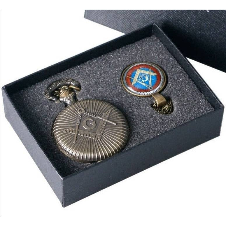 Master Mason Blue Lodge Pocket Watch - Antique Square and Compass G Bronze Quartz