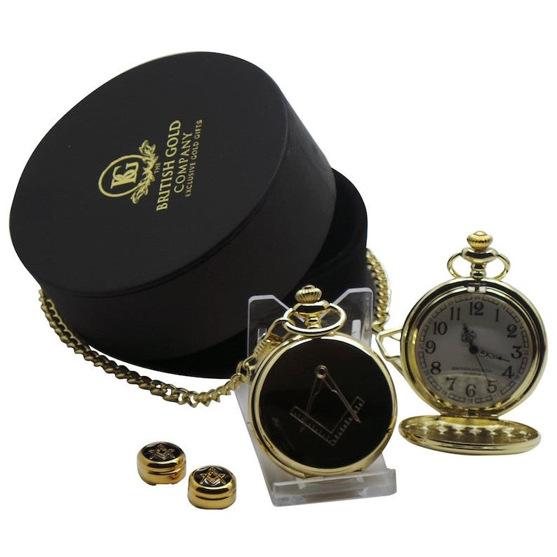 Master Mason Blue Lodge Pocket Watch - Cufflinks Personalised Full Hunter Gift Set in Case