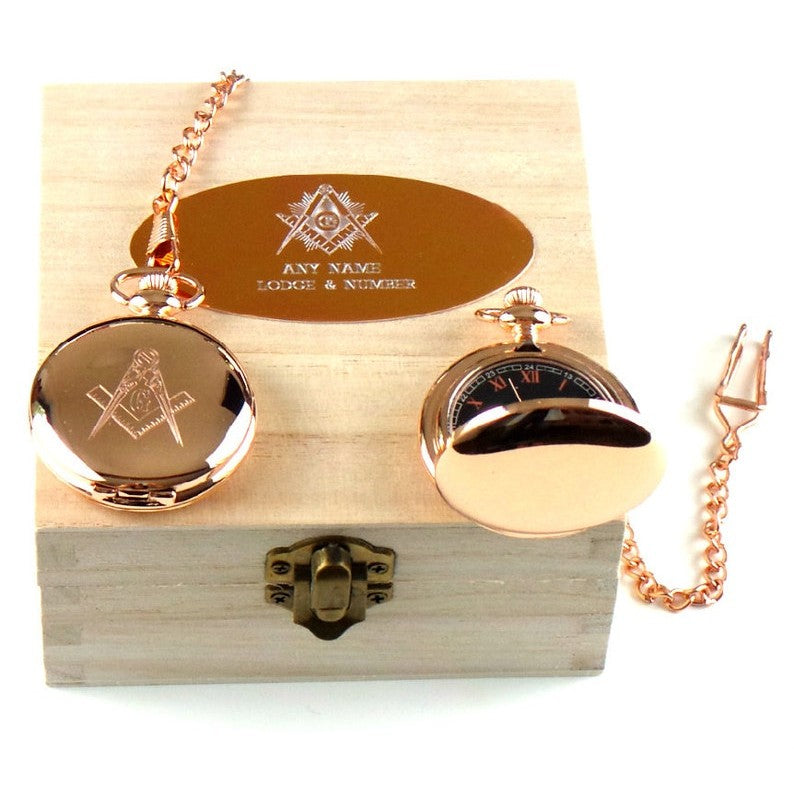 Master Mason Blue Lodge Pocket Watch - Custom Engraved 18k Rose Gold Full Hunter Emblem