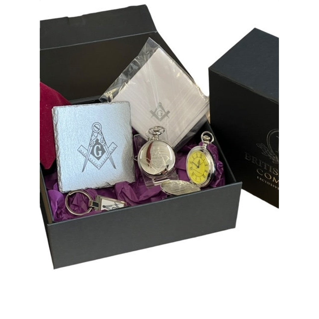 Master Mason Blue Lodge Pocket Watch - Engraved Silver & Handkerchief Gift Set