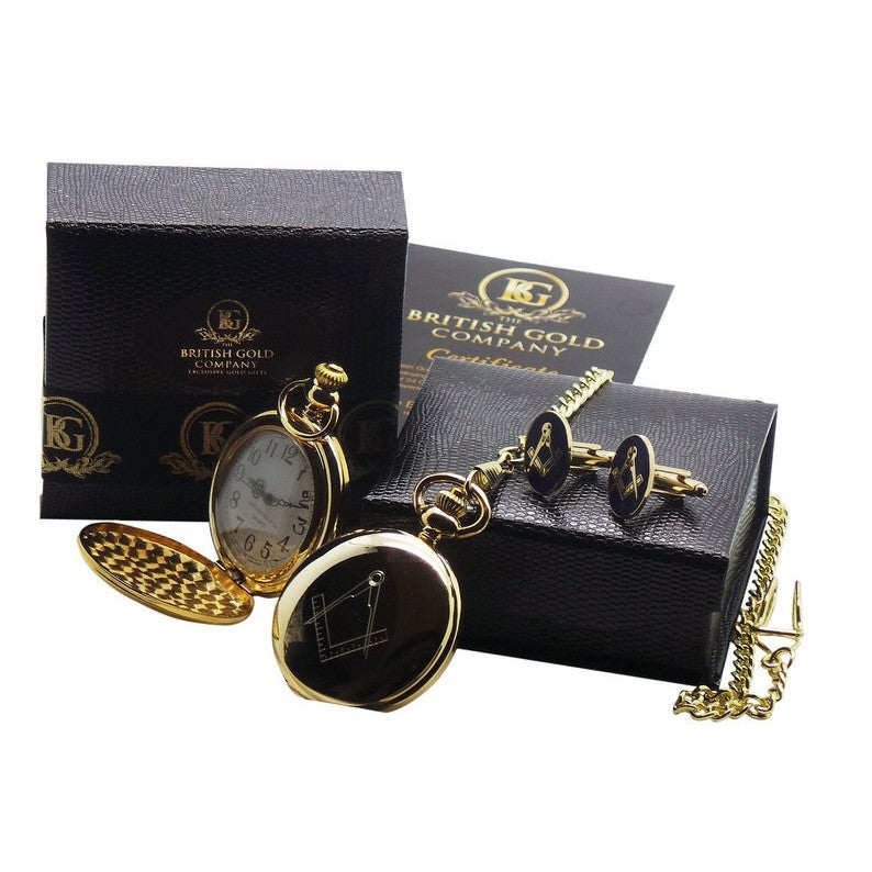 Master Mason Blue Lodge Pocket Watch - Full Hunter Gift Set with Cufflinks & Certificate