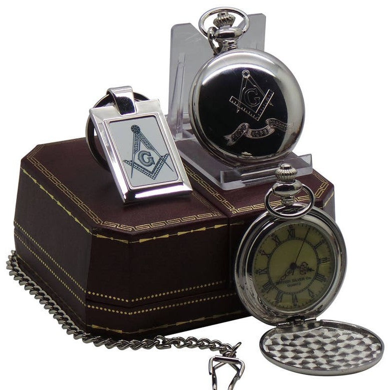 Master Mason Blue Lodge Pocket Watch - Full Hunter Real Silver Plated with Keyring Compass