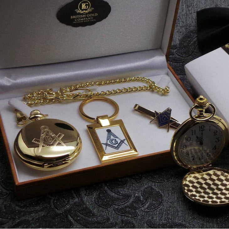 Master Mason Blue Lodge Pocket Watch - With 24k Gold Clad Keyring Tie Clip Gift Set