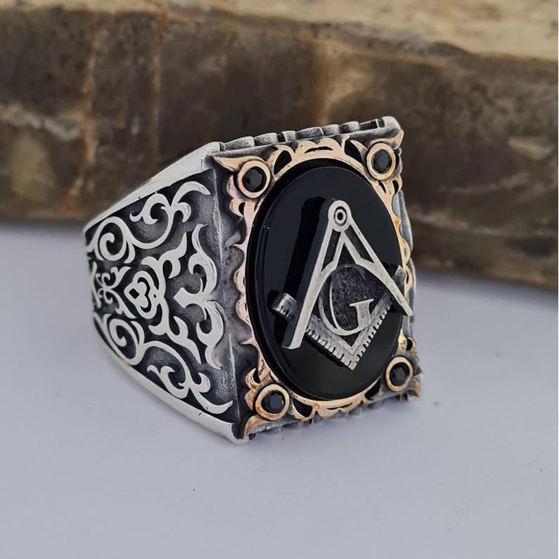 Master Mason Blue Lodge Ring - 925K Sterling Silver & Bronze With Black Onyx