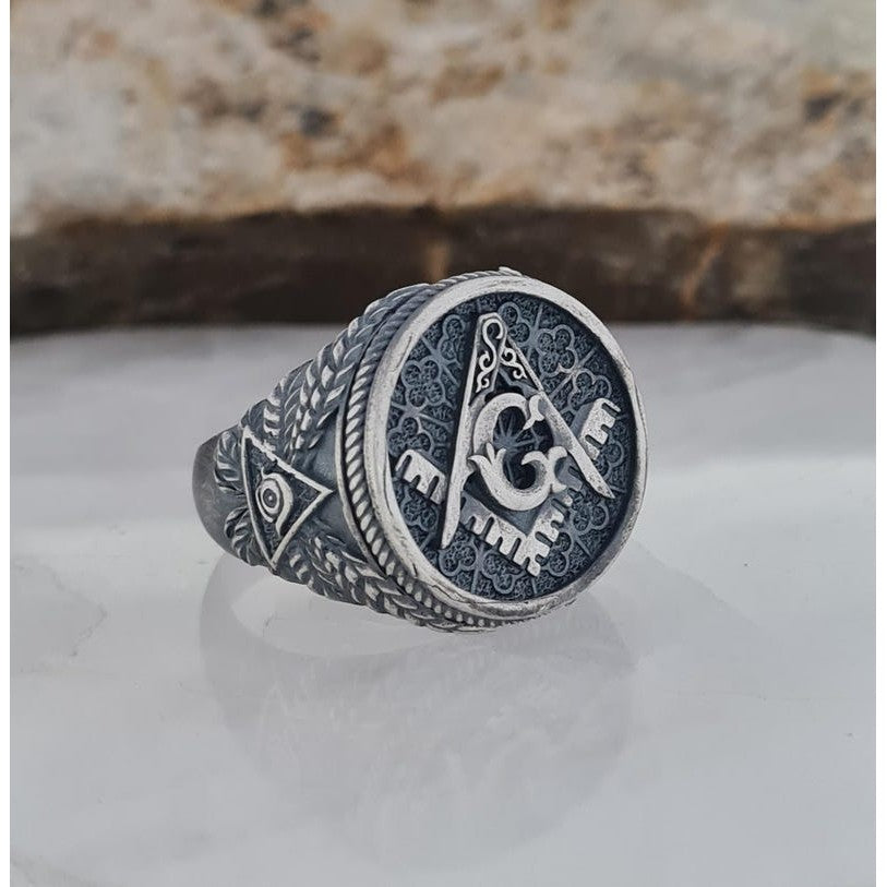 Master Mason Blue Lodge Ring - Detailed Vintage Sterling Silver Finish