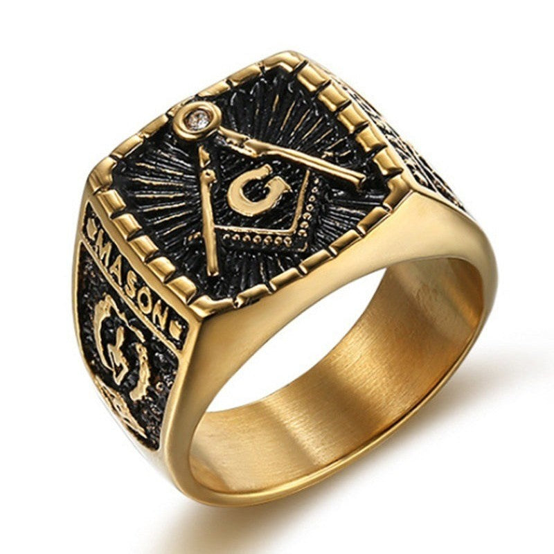 Master Mason Blue Lodge Ring - Gold & Black Titanium Steel Square and Compass G