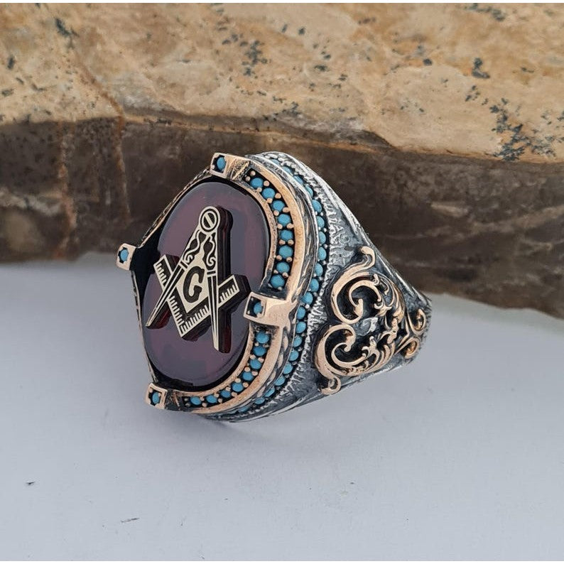 Master Mason Blue Lodge Ring - Handmade Sterling Silver With Green Agate & Motifs