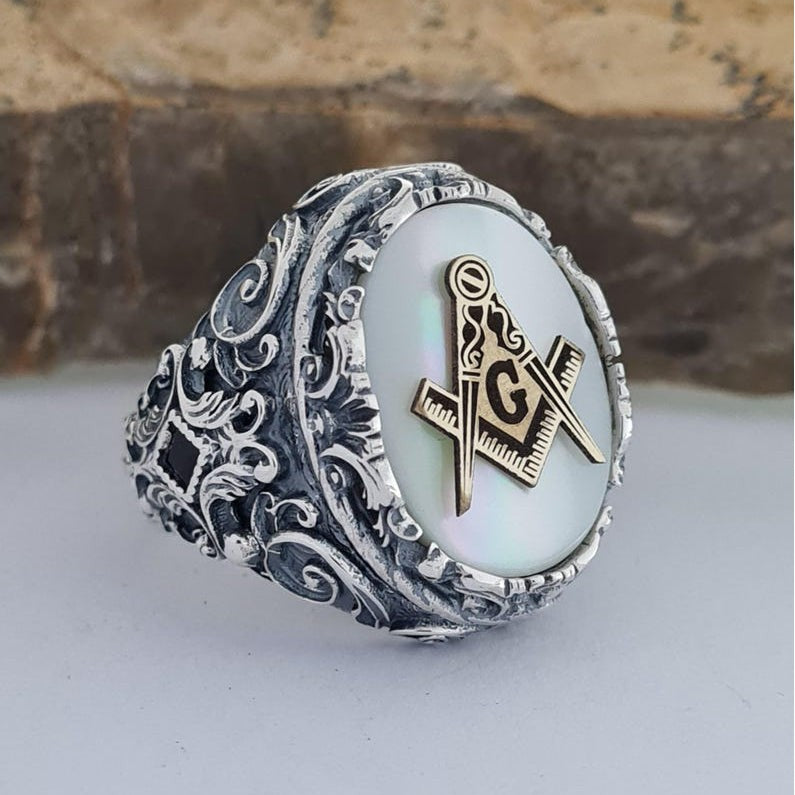 Master Mason Blue Lodge Ring - Handmade Sterling Silver With Mother of Pearl