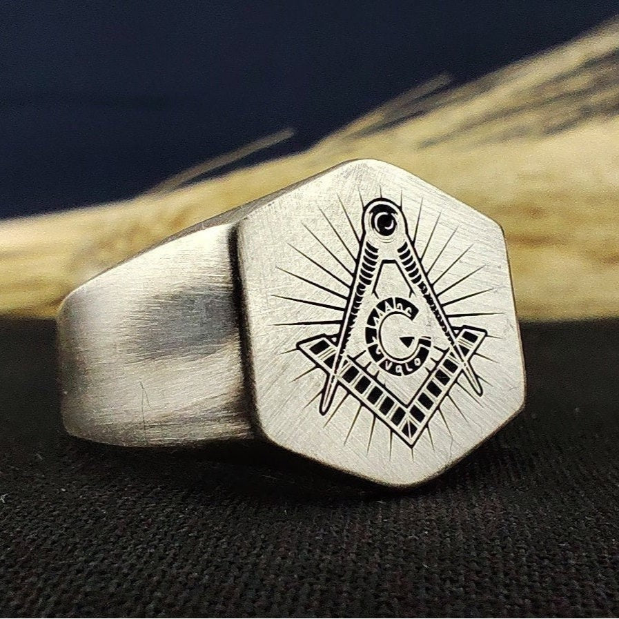 Master Mason Blue Lodge Ring - Matte Oxidized Signet Personalized Engraving