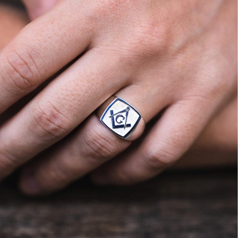 Master Mason Blue Lodge Ring - Plated Sterling Silver Square & Compass G
