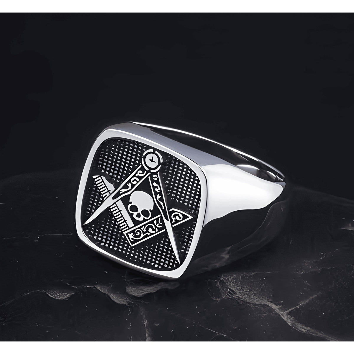 Master Mason Blue Lodge Ring - Signet Skull Square & Compass 925 Sterling Silver