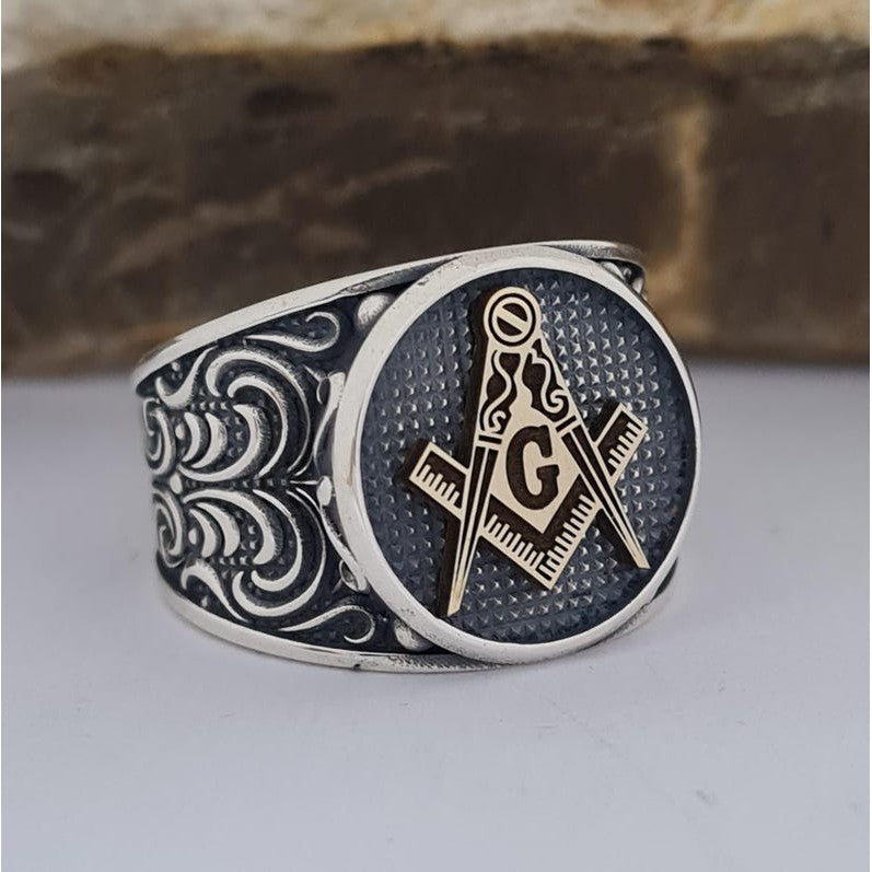 Master Mason Blue Lodge Ring - Silver With Black Onyx Square & Compass G