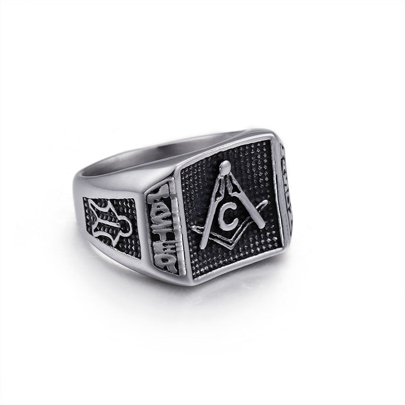 Master Mason Blue Lodge Ring - Stainless Steel Silver Mason Square & Compass G - Bricks Masons