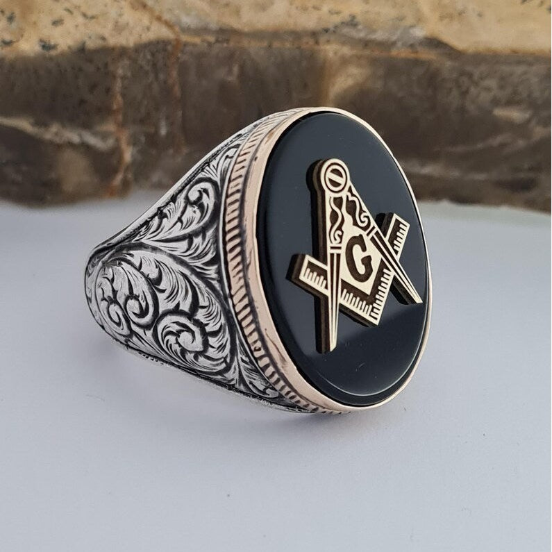 Master Mason Blue Lodge Ring - Sterling Silver Black Onyx Stone With Gold S&C