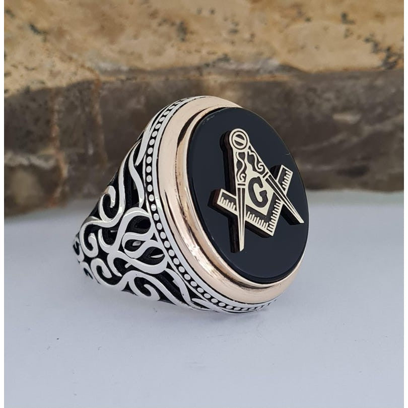 Master Mason Blue Lodge Ring - Sterling Silver Black Onyx With Bronze