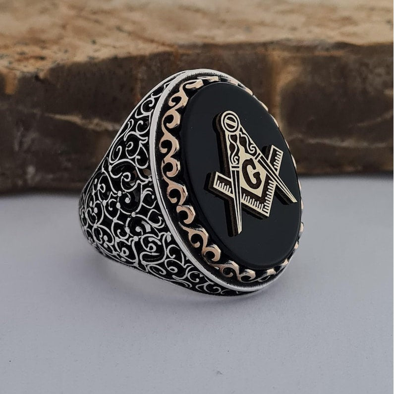 Master Mason Blue Lodge Ring - Sterling Silver With Engraved Motifs & Onyx Stone