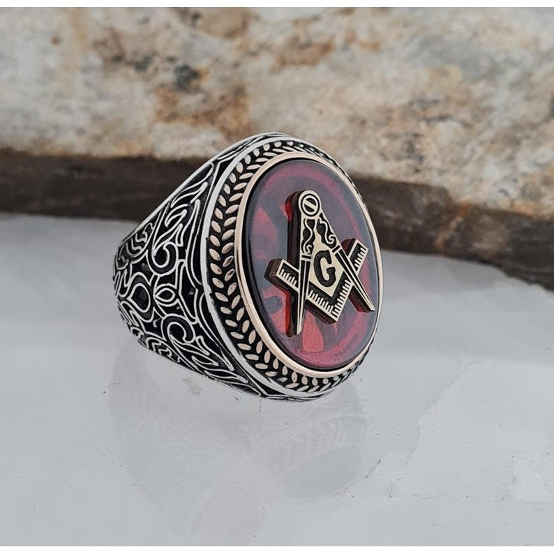 Master Mason Blue Lodge Ring - Sterling Silver With Garnet Red Zircon Stone