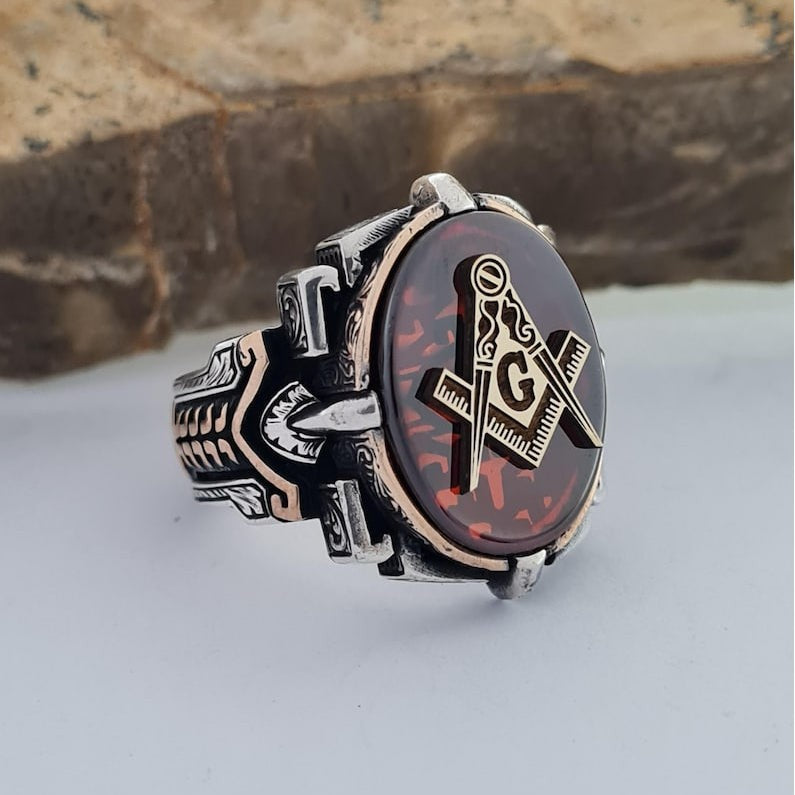 Master Mason Blue Lodge Ring - Sterling Silver With Garnet Zircon