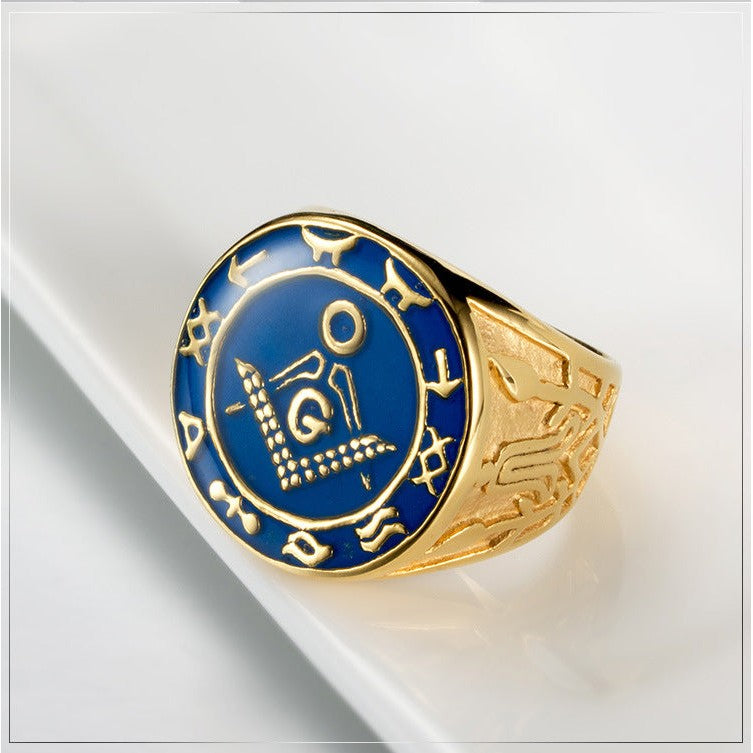 Master Mason Blue Lodge Ring - Titanium Steel In Gold & Blue