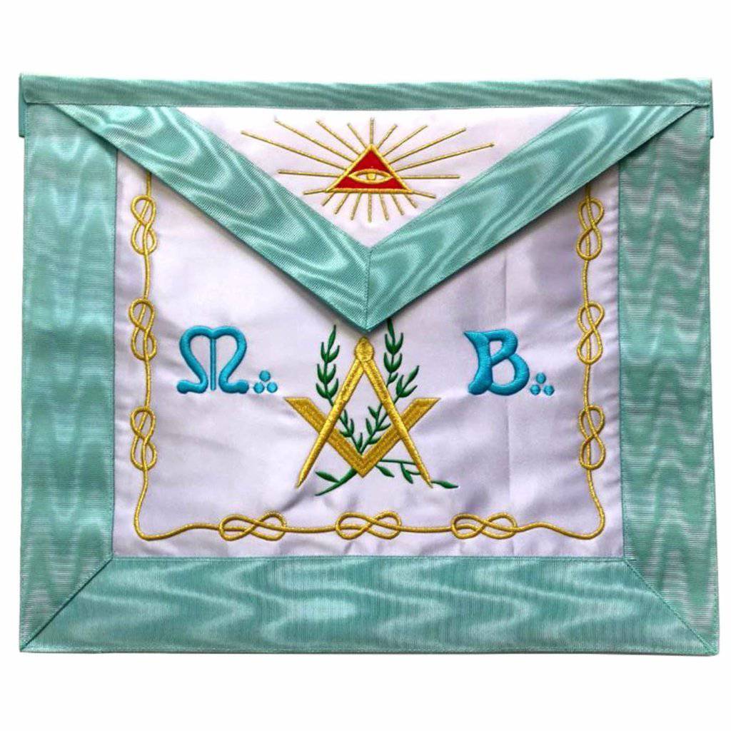 Master Mason French Rite Apron - Sky Blue Silk & Moire Machine Embroidery - Bricks Masons