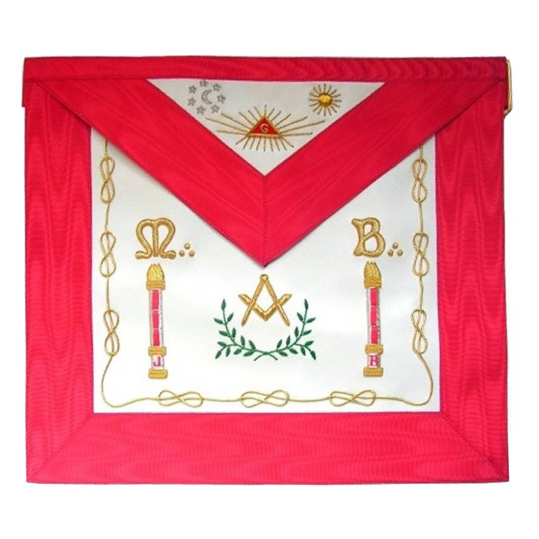 Master Mason Scottish Rite Apron - White & Red Moire Moon & Sun - Bricks Masons
