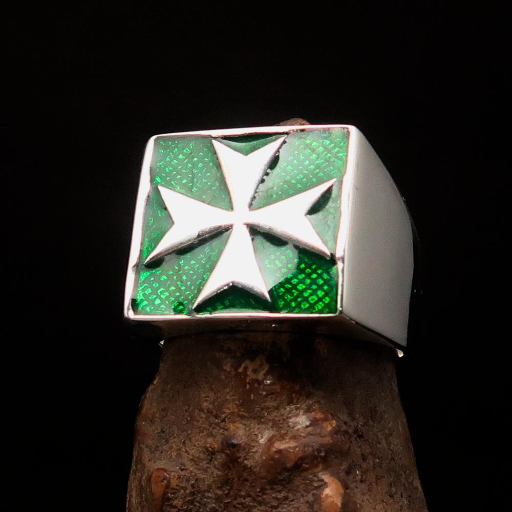 Order of Malta Ring - Green & Silver Cross Sterling Silver - Bricks Masons