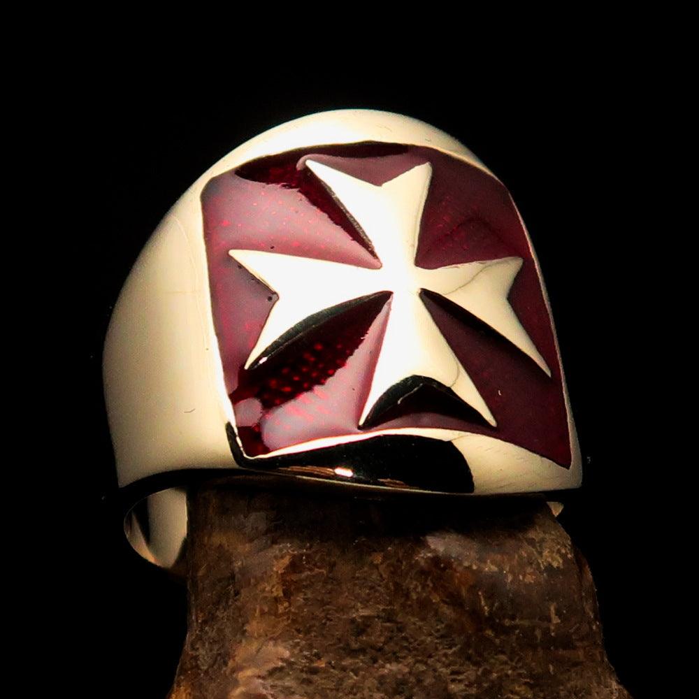 Order of Malta Ring - Red & Gold Solid Brass With Cross - Bricks Masons