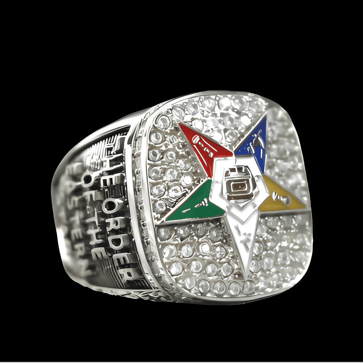 OES Ring - White Gold Plated Colorful Eastern Star - Bricks Masons