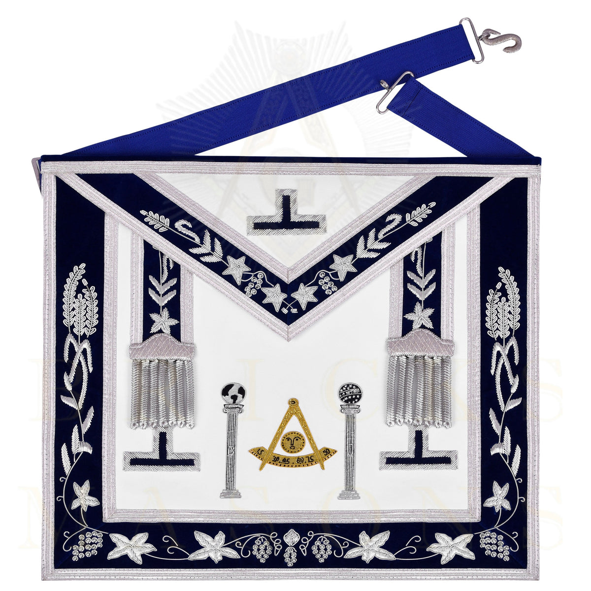 Past Master Blue Lodge Apron - Quality A Navy Velvet & Silver Bullion With Pillars