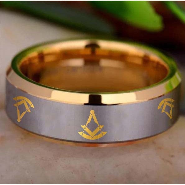 Past Master Blue Lodge Ring - Gold Beveled Tungsten Personalizable