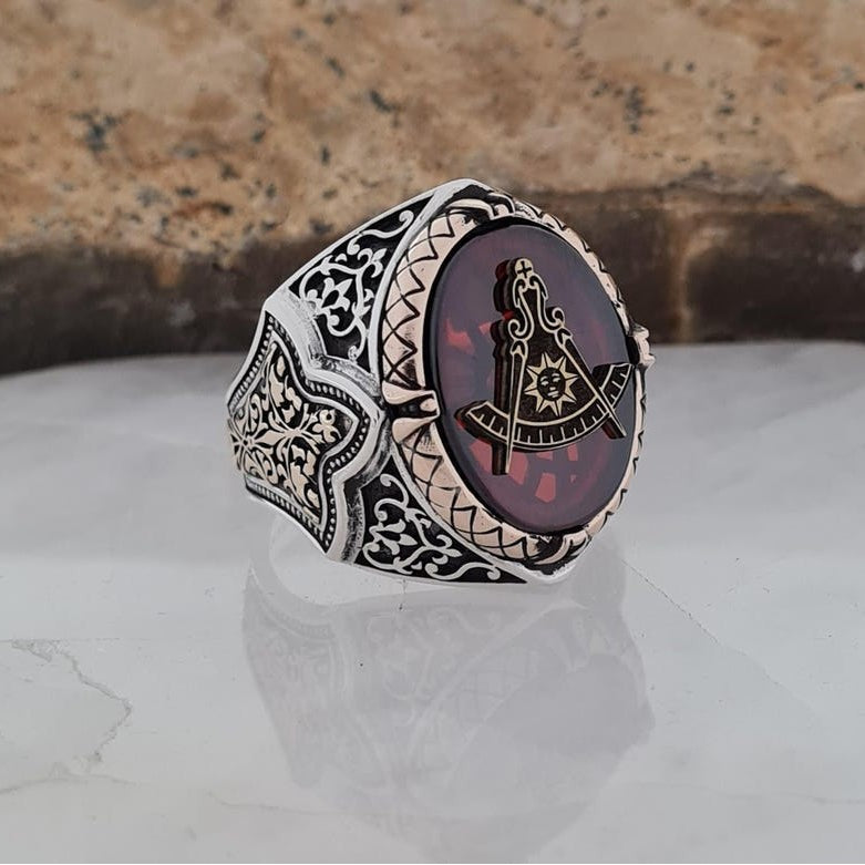 Past Master Blue Lodge Ring - Handmade Sterling Silver With Red Zircon Stone