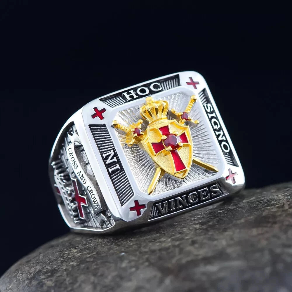 Knights Templar Ring - 925 Sterling Silver "In Hoc Signo Vinces" - Bricks Masons