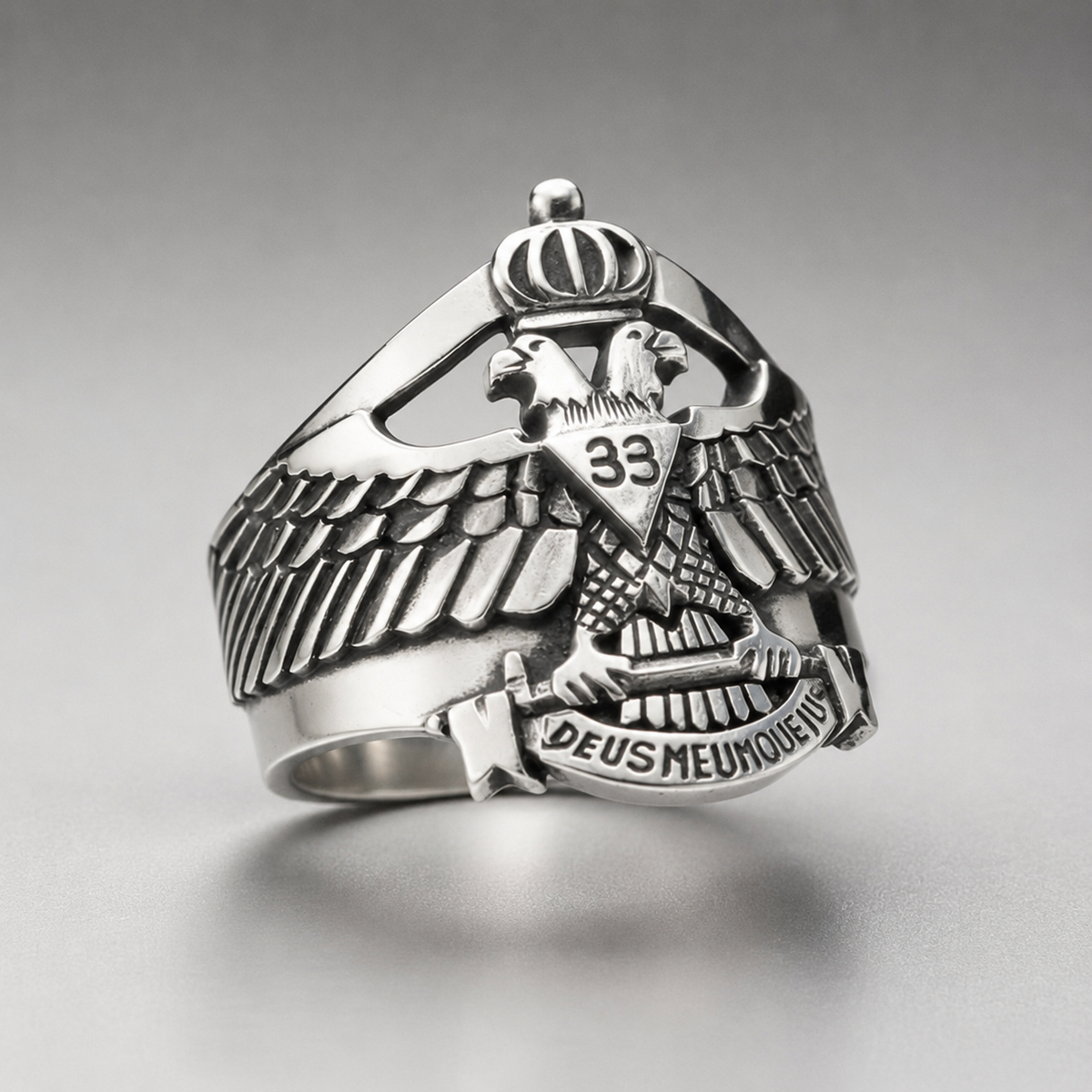 33rd Degree Scottish Rite Ring - Deus Meumque Jus Wings Up