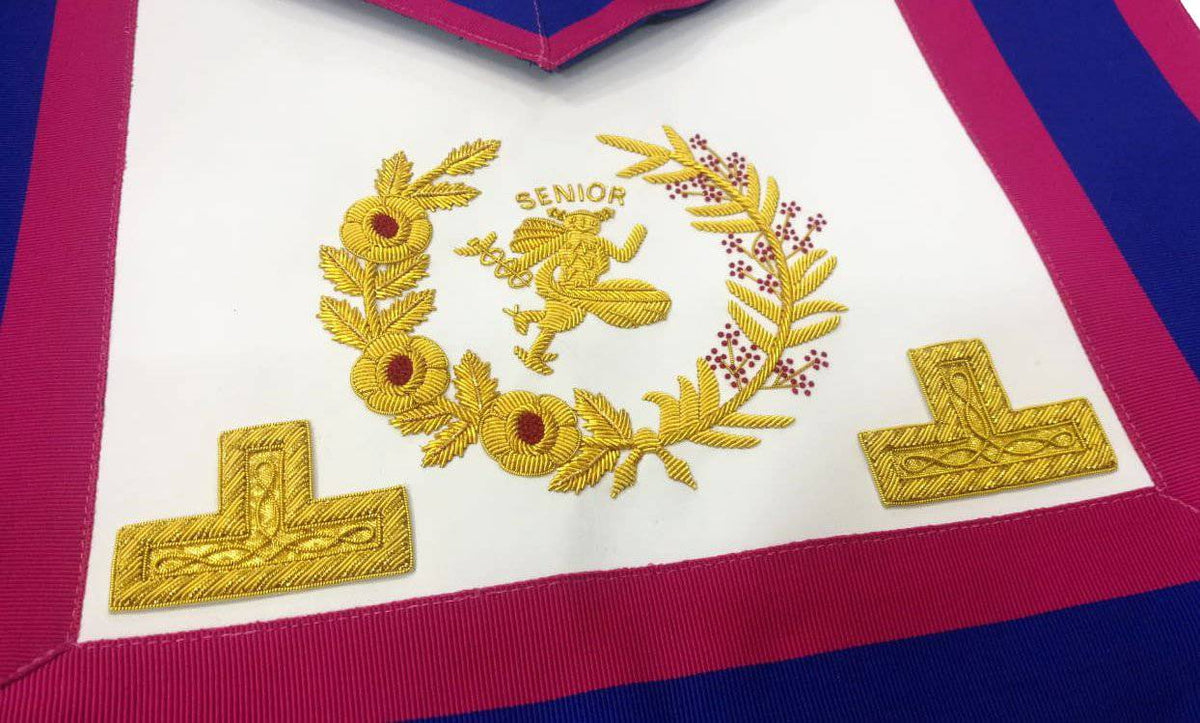 Senior Deacon Mark Apron - Blue & Pink with Gold Hermes Emblem - Bricks Masons