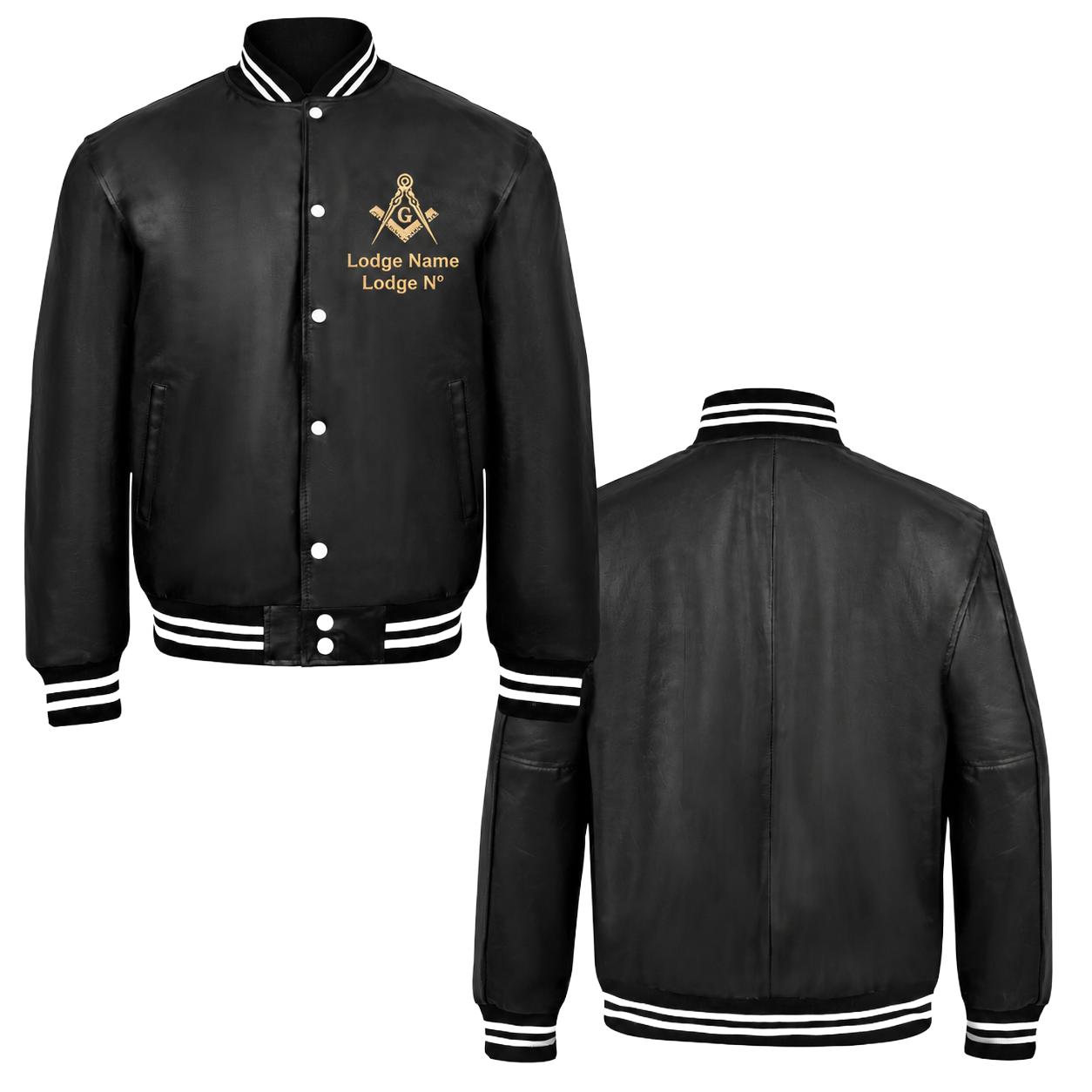 Master Mason Blue Lodge Jacket - Black Leather With Customizable Gold Embroidery - Bricks Masons