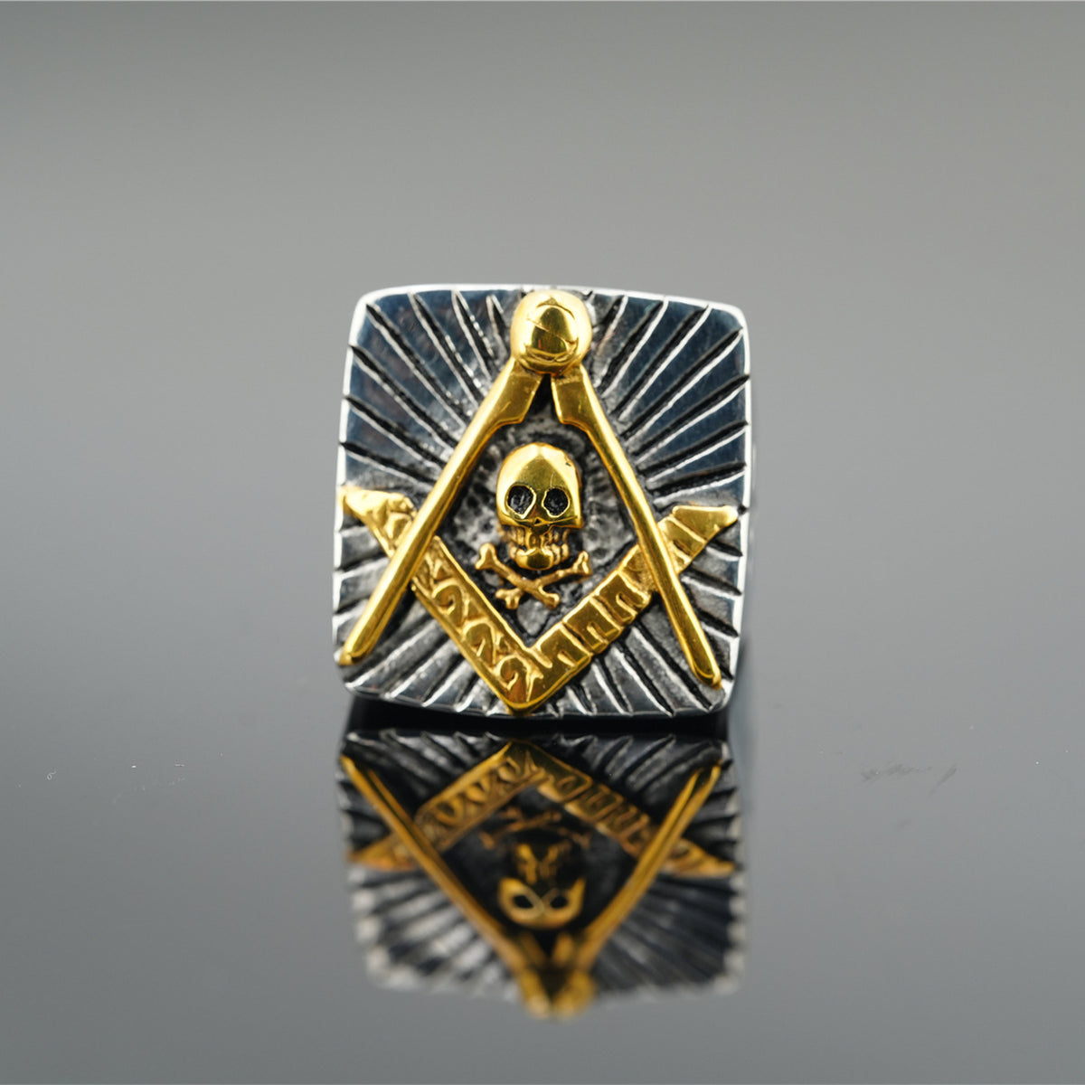 Widows Sons Ring - Silver And Gold Square & Compass With Skull Inside - Bricks Masons
