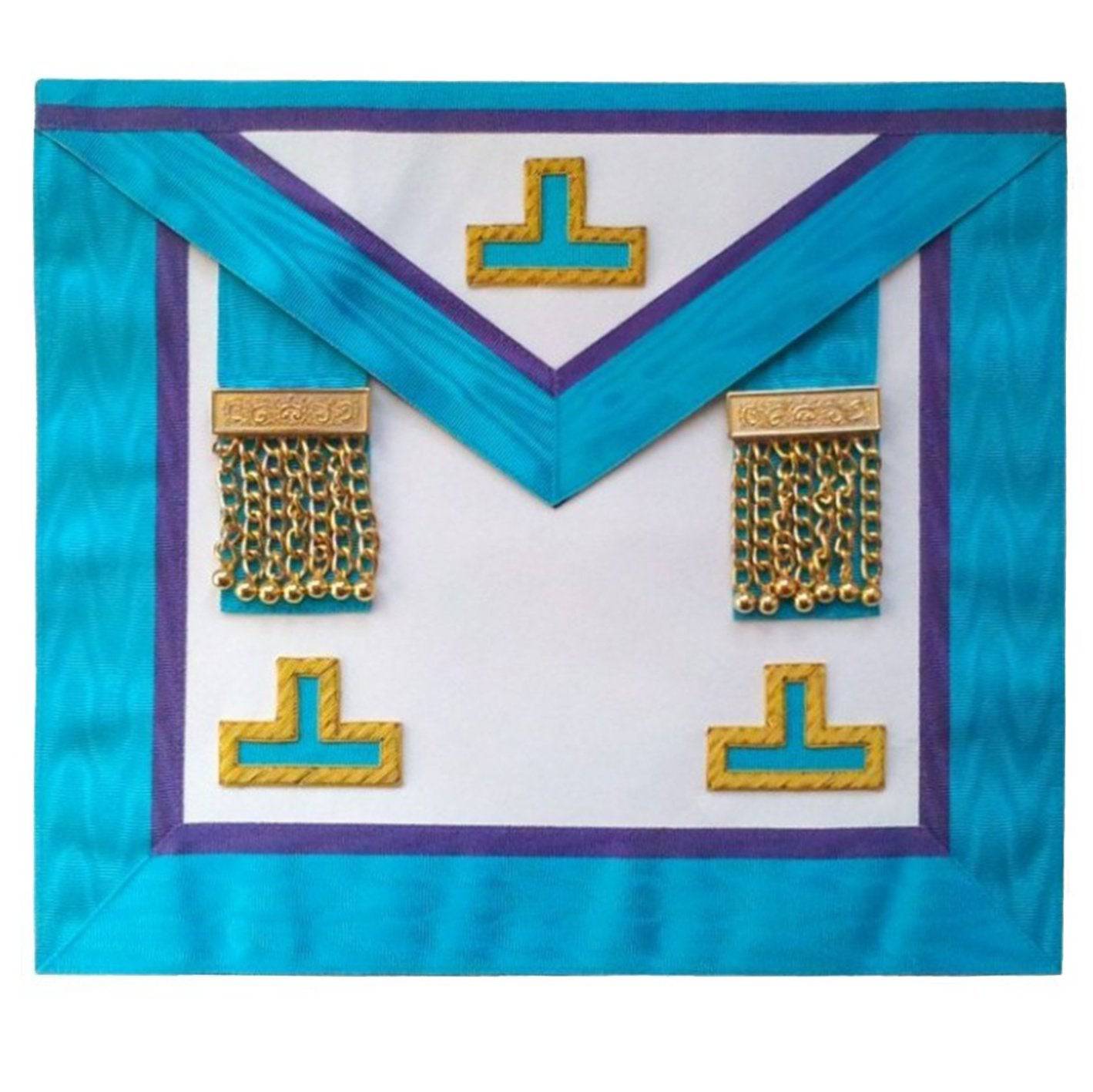 Worshipful Master Apron - White, Turquoise & Royal Blue with Tassels - Bricks Masons