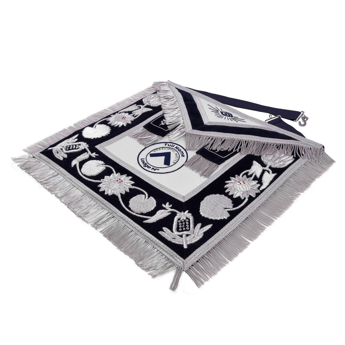 Worshipful Master Blue Lodge Apron - Blue Velvet With Silver Bullion & Fringe - Bricks Masons